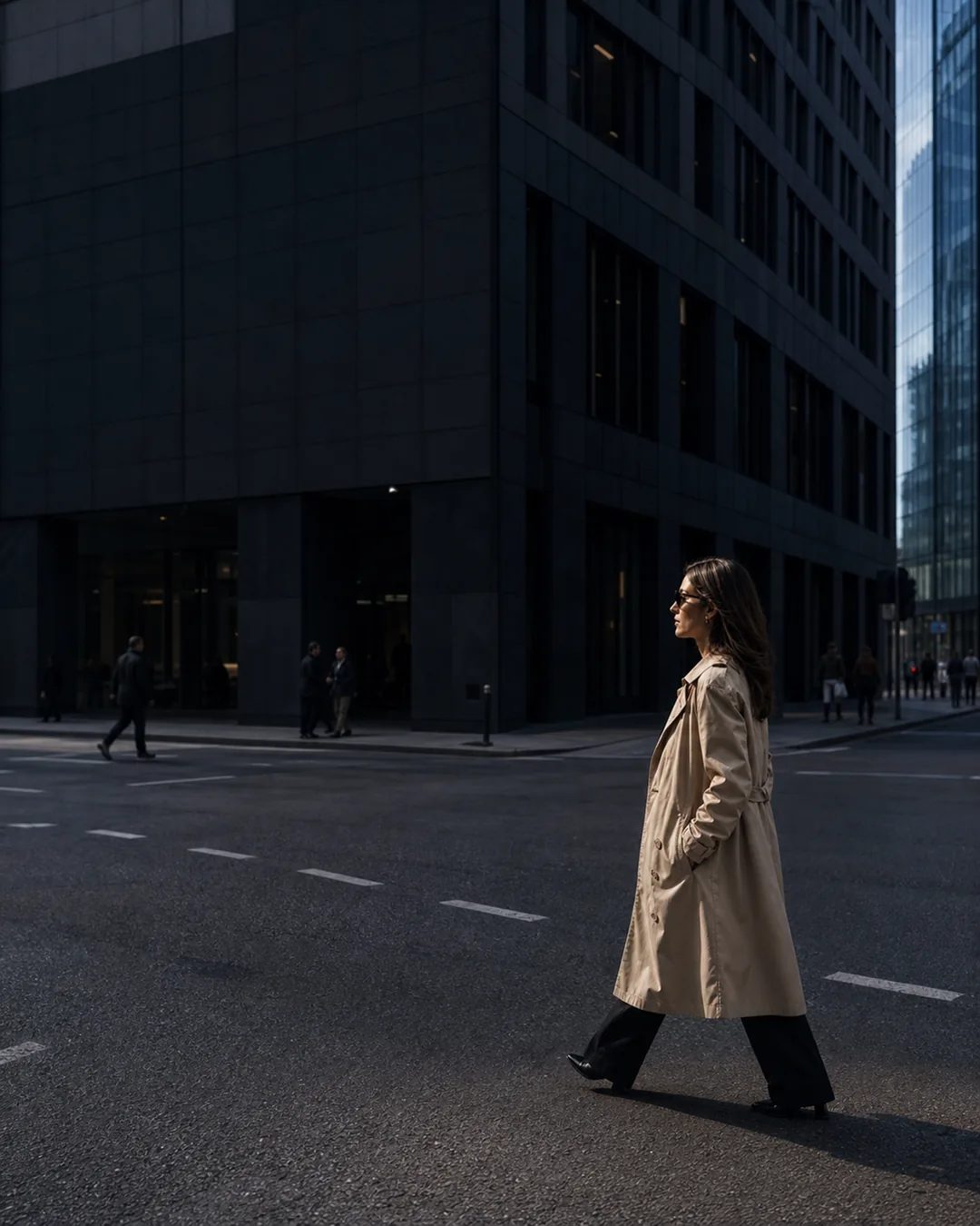 Mulher de trench coat bege atravessando uma rua em frente a um edifício corporativo escuro, caminhando com passos decididos