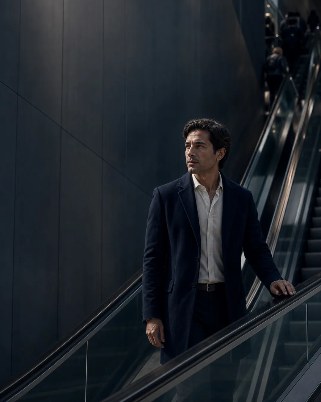 Homem de sobretudo azul-marinho subindo uma escada rolante em um edifício corporativo, olhando à frente com direção